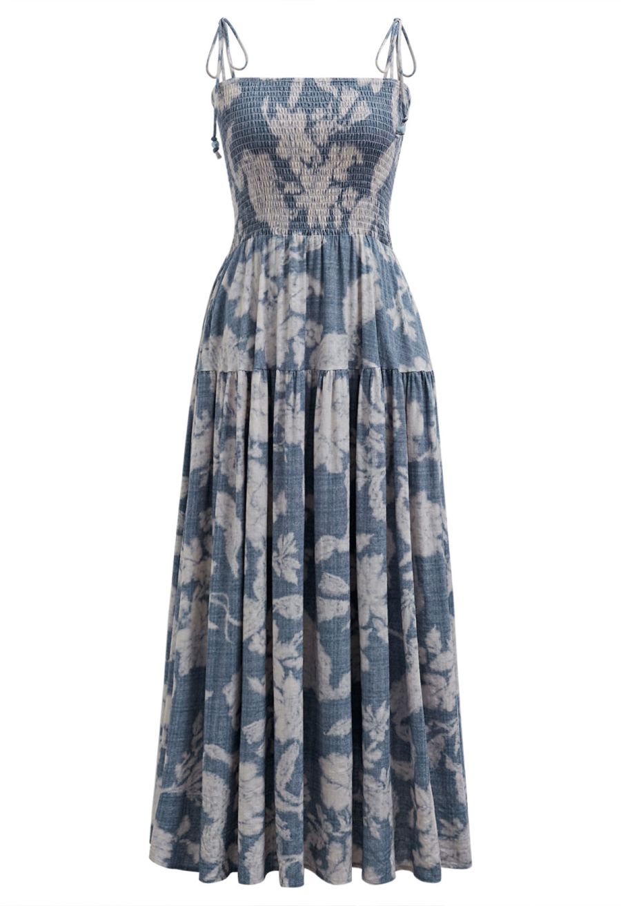 Blurry Floral Printed Shirred Cami Dress in Dusty Blue