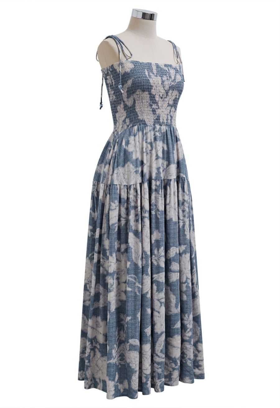Blurry Floral Printed Shirred Cami Dress in Dusty Blue