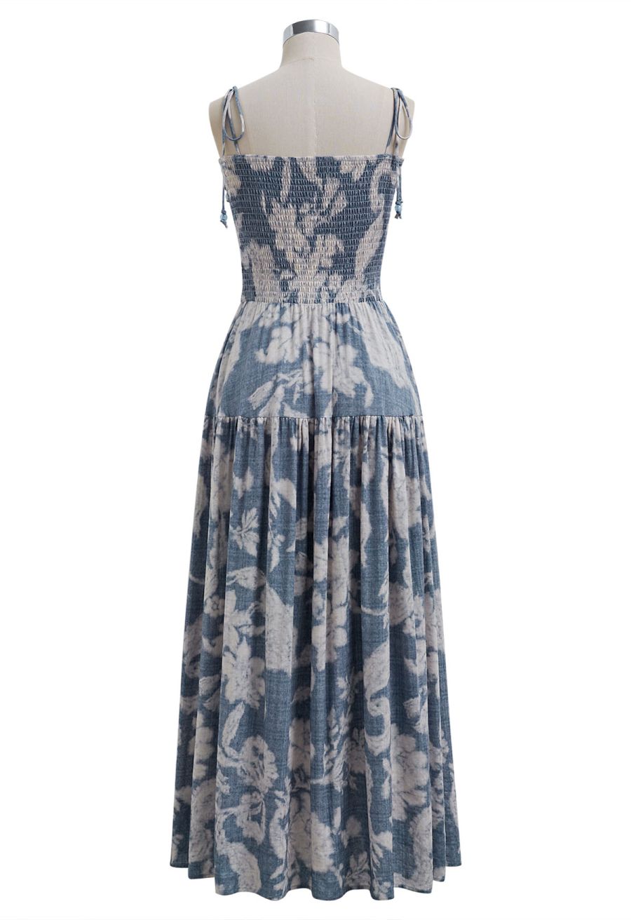 Blurry Floral Printed Shirred Cami Dress in Dusty Blue