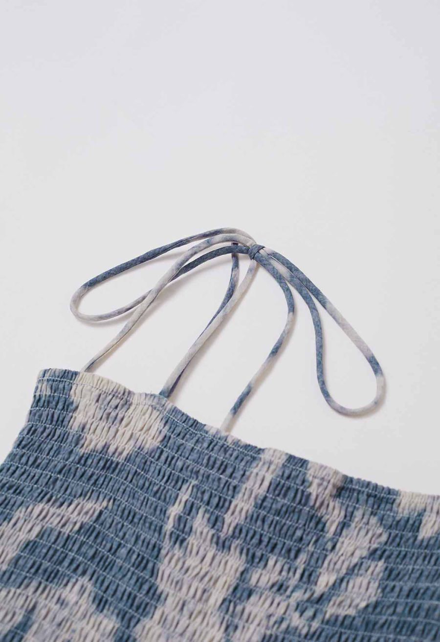 Blurry Floral Printed Shirred Cami Dress in Dusty Blue