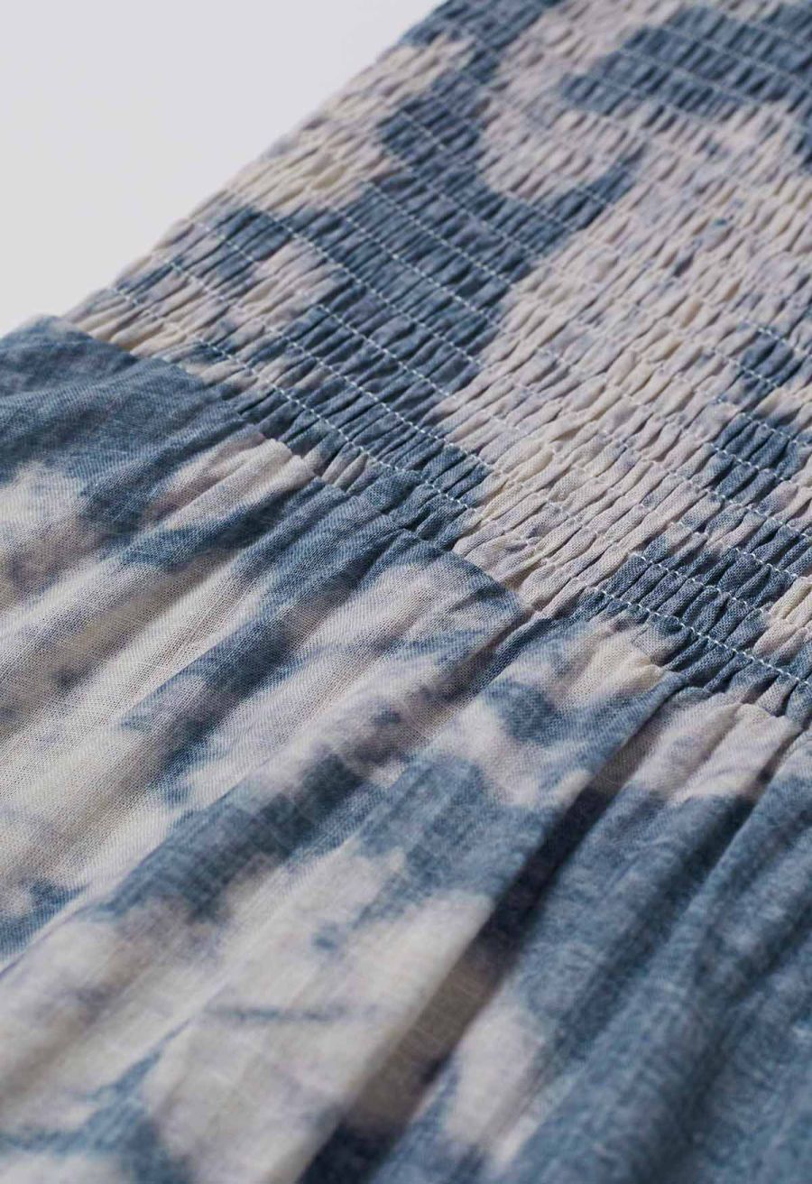 Blurry Floral Printed Shirred Cami Dress in Dusty Blue