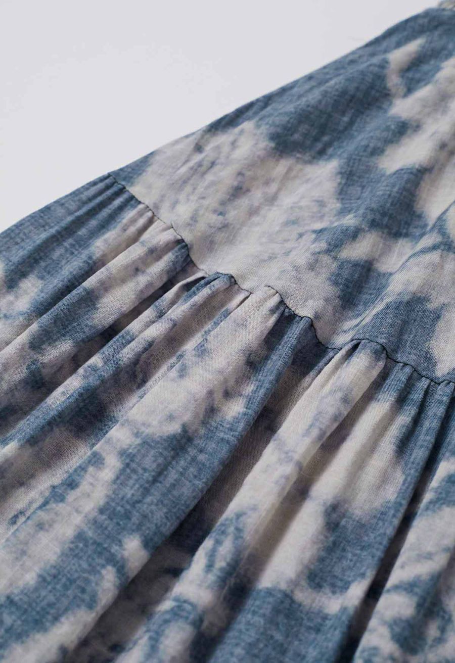 Blurry Floral Printed Shirred Cami Dress in Dusty Blue