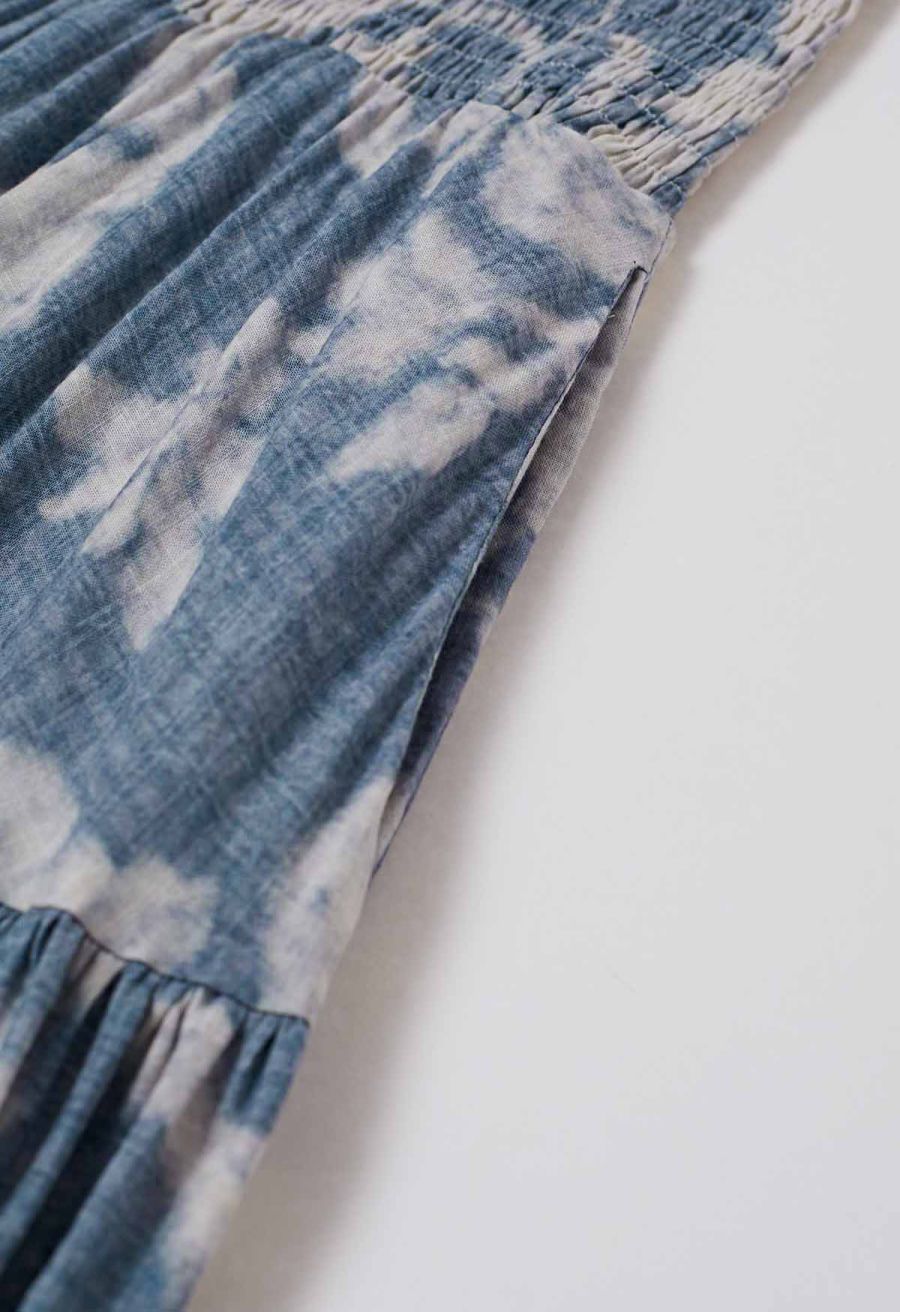 Blurry Floral Printed Shirred Cami Dress in Dusty Blue