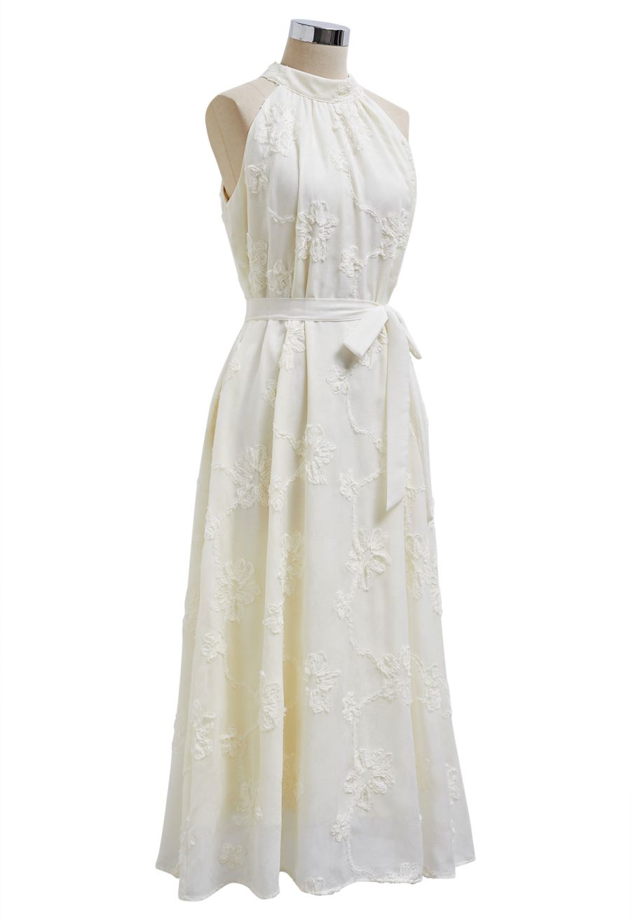 Tapework Lace Floral Jacquard Halter Neck Dress