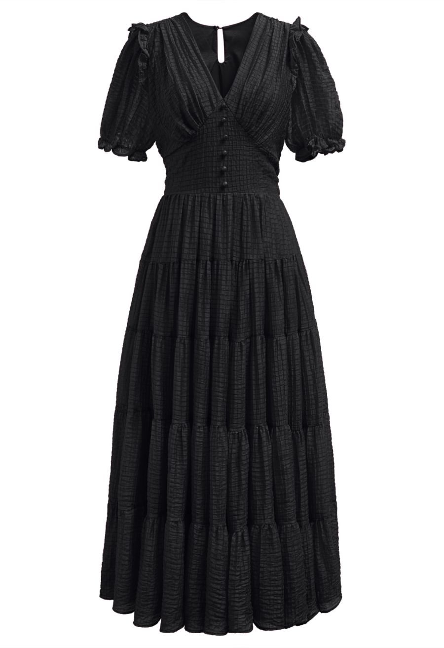 V-Neck Tie-Back Embossed Tiered Dress in Black