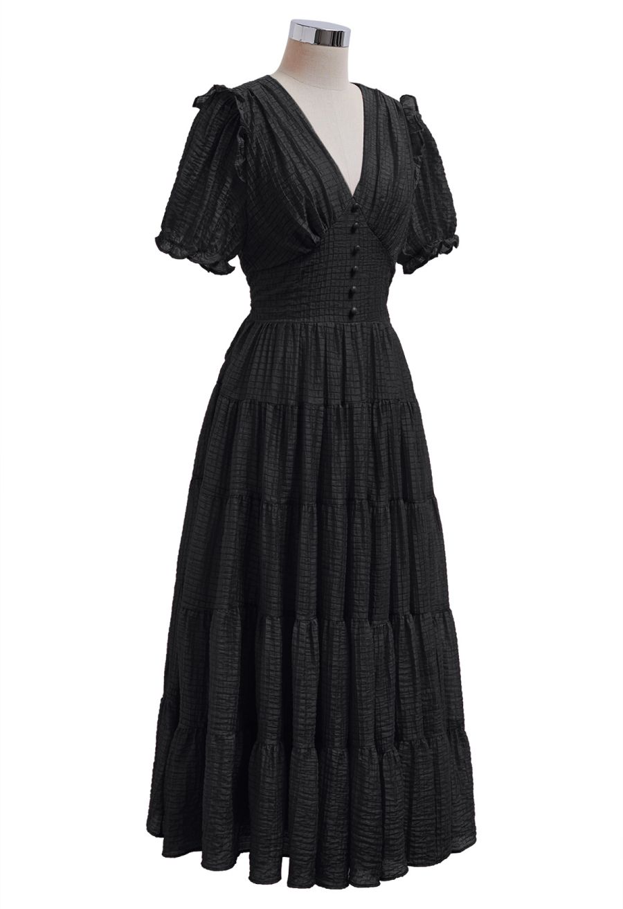 V-Neck Tie-Back Embossed Tiered Dress in Black