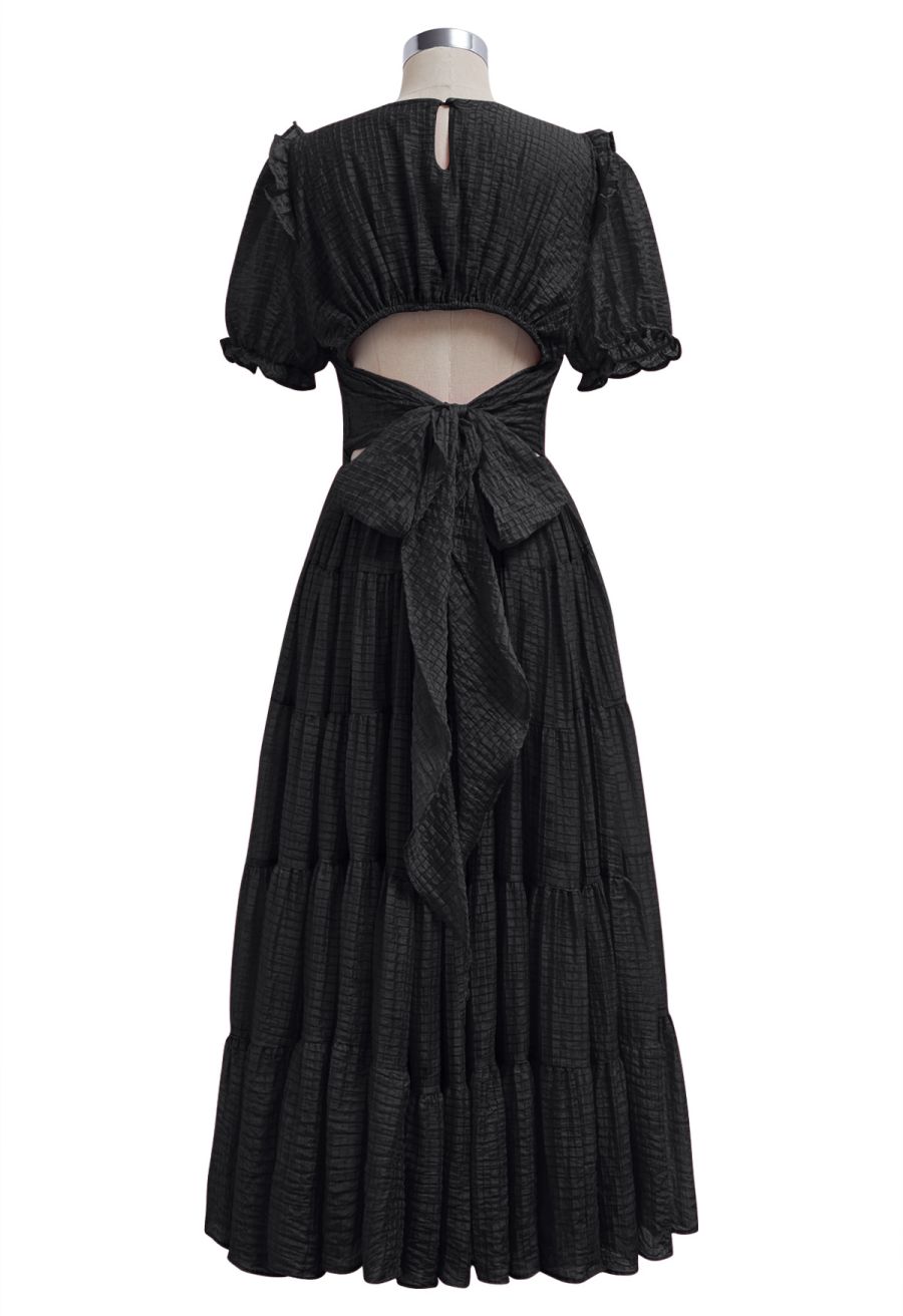 V-Neck Tie-Back Embossed Tiered Dress in Black