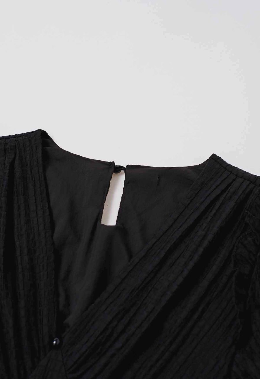 V-Neck Tie-Back Embossed Tiered Dress in Black