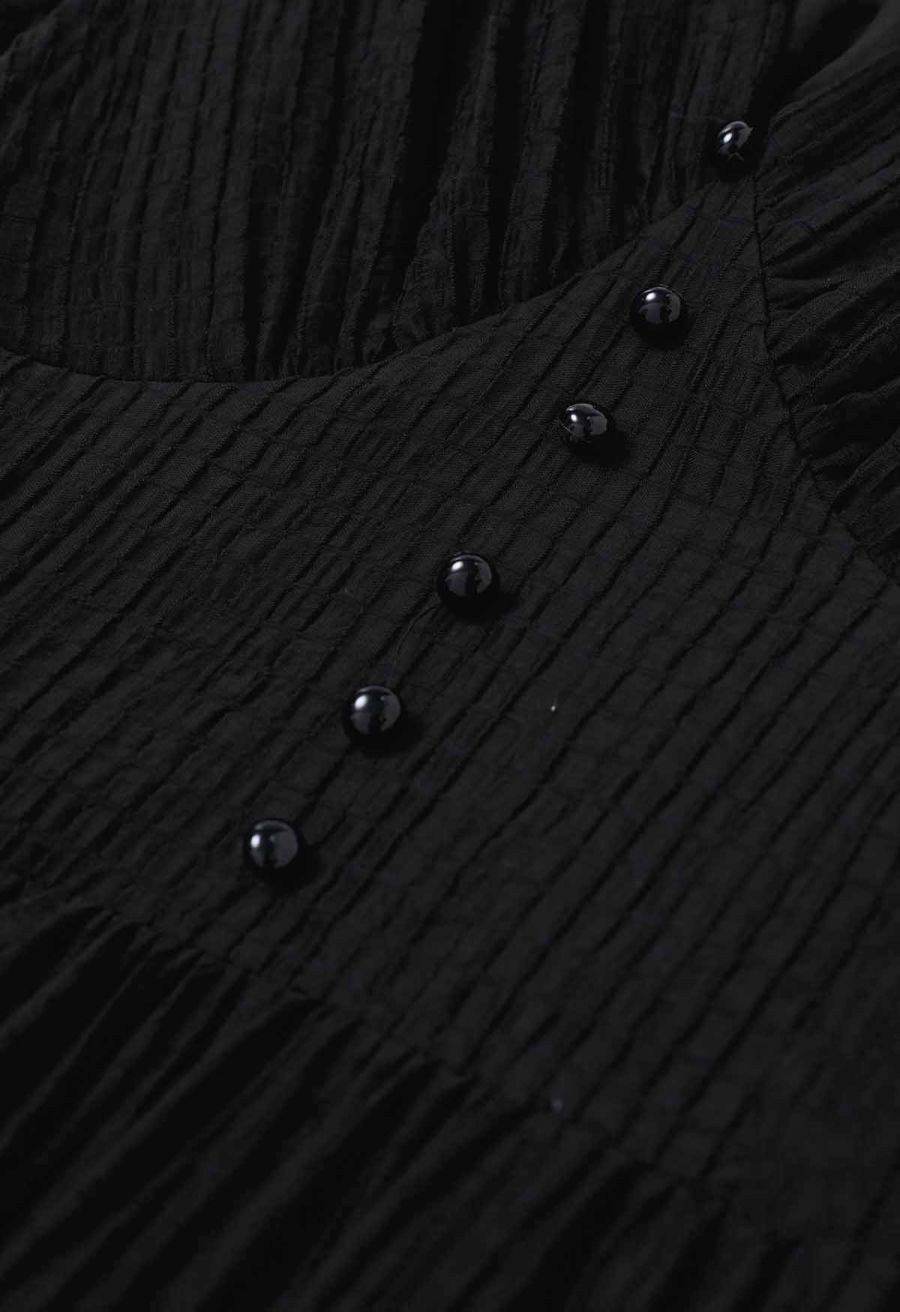 V-Neck Tie-Back Embossed Tiered Dress in Black