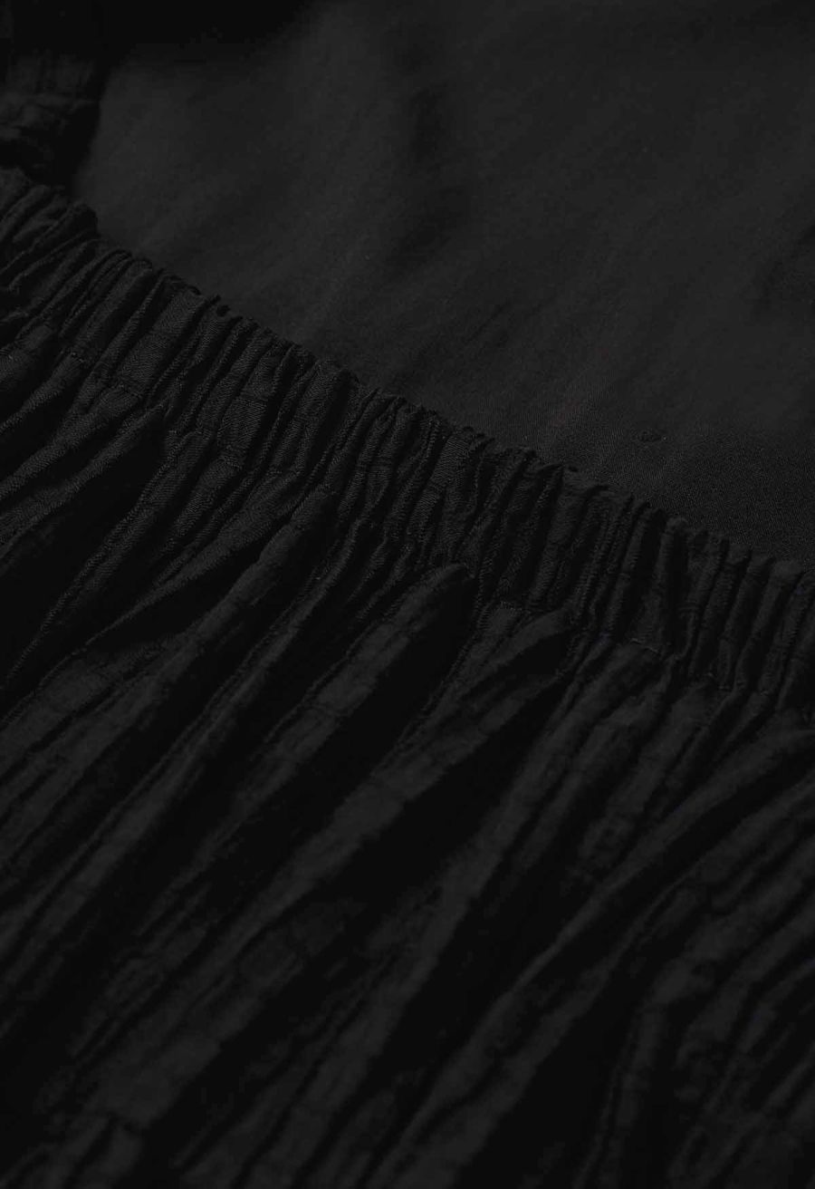 V-Neck Tie-Back Embossed Tiered Dress in Black