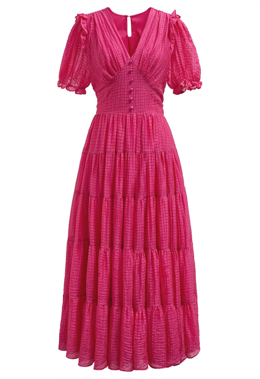 V-Neck Tie-Back Embossed Tiered Dress in Hot Pink
