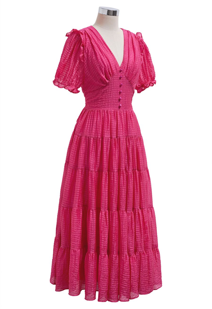 V-Neck Tie-Back Embossed Tiered Dress in Hot Pink