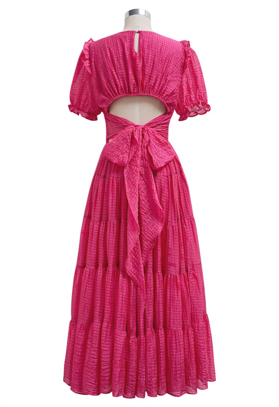 V-Neck Tie-Back Embossed Tiered Dress in Hot Pink