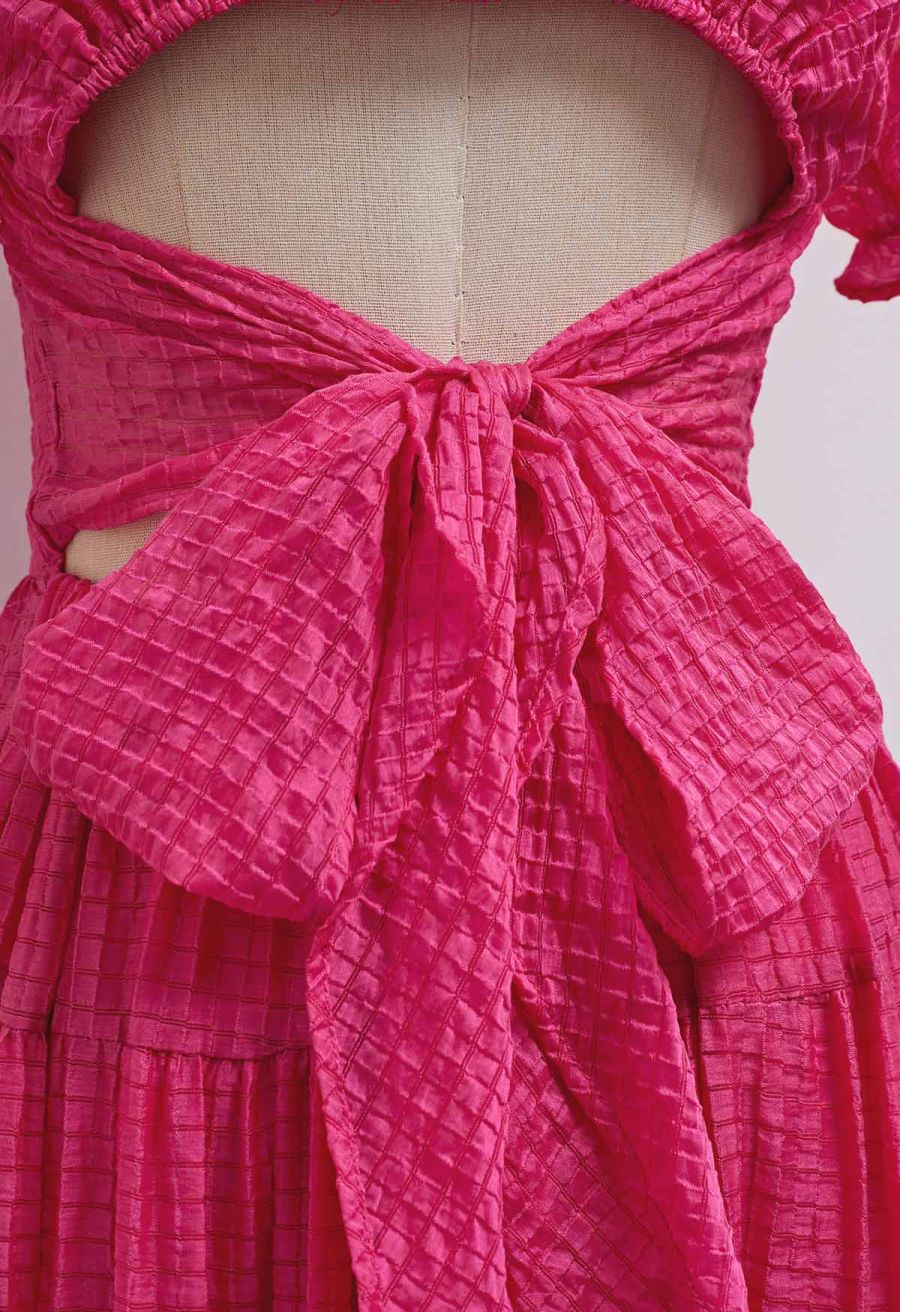 V-Neck Tie-Back Embossed Tiered Dress in Hot Pink
