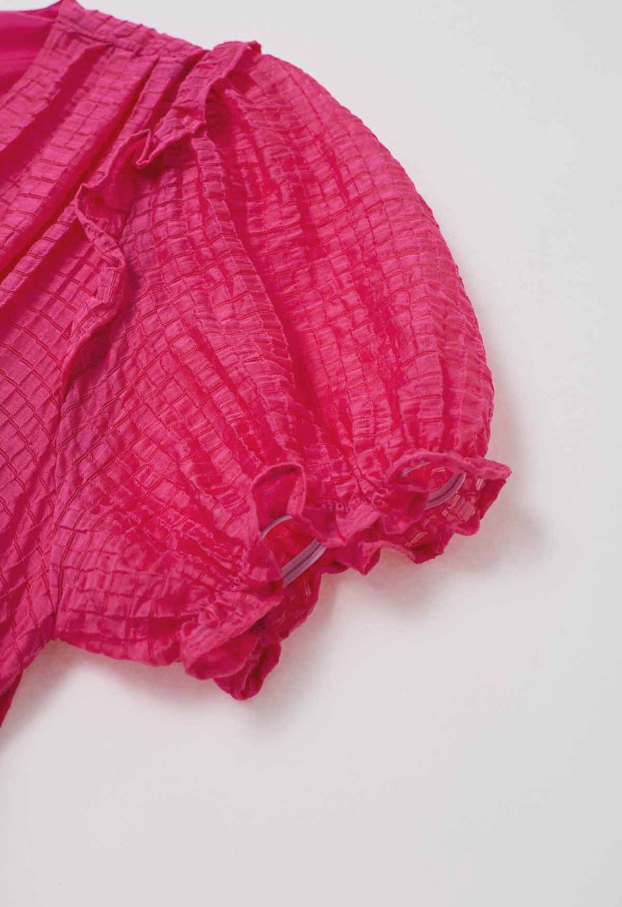 V-Neck Tie-Back Embossed Tiered Dress in Hot Pink