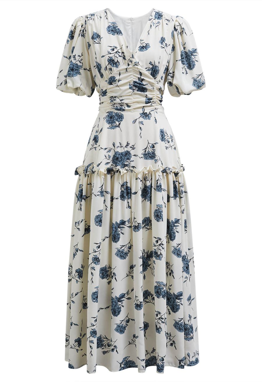 Floral Flourish V-Neck Puff Sleeve Dress in Ivory