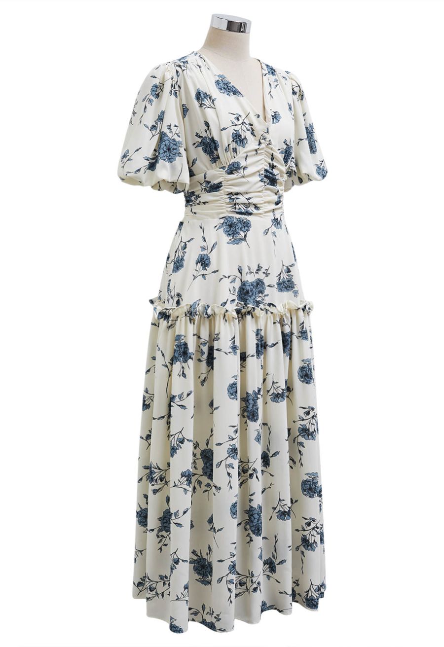 Floral Flourish V-Neck Puff Sleeve Dress in Ivory