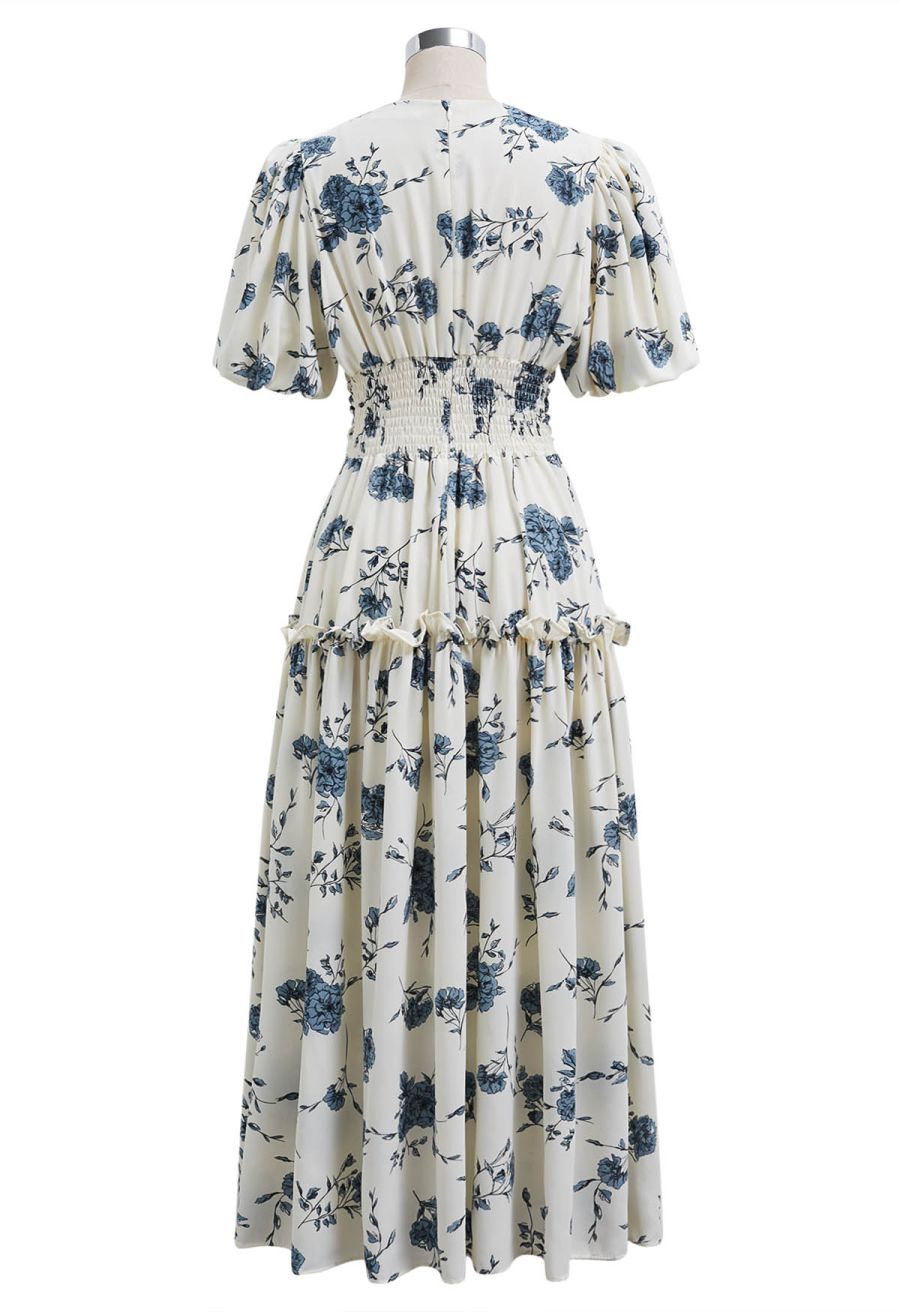 Floral Flourish V-Neck Puff Sleeve Dress in Ivory