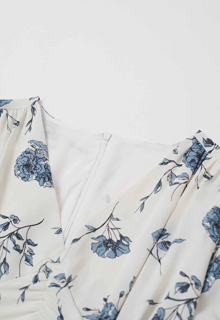 Floral Flourish V-Neck Puff Sleeve Dress in Ivory