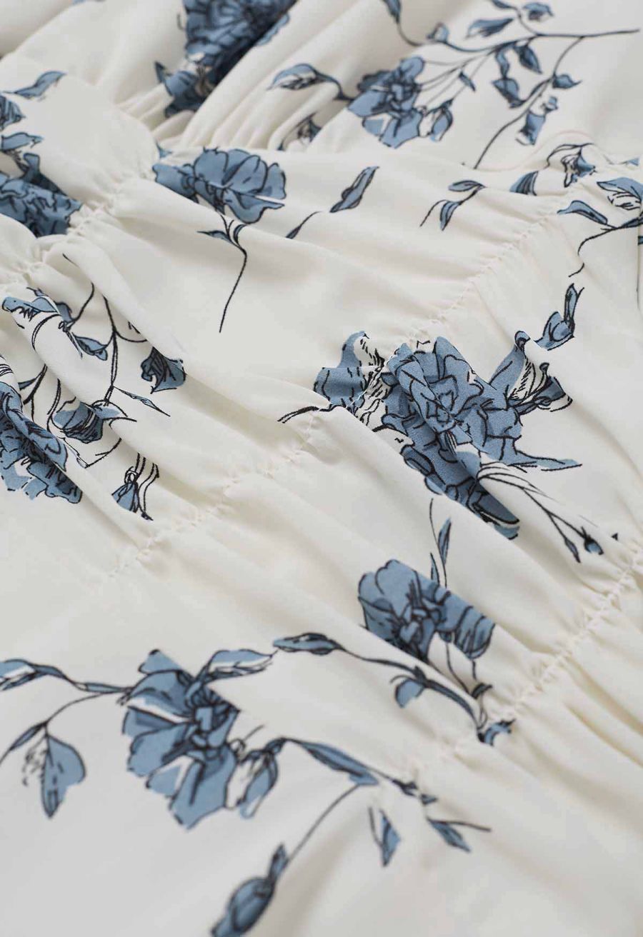 Floral Flourish V-Neck Puff Sleeve Dress in Ivory