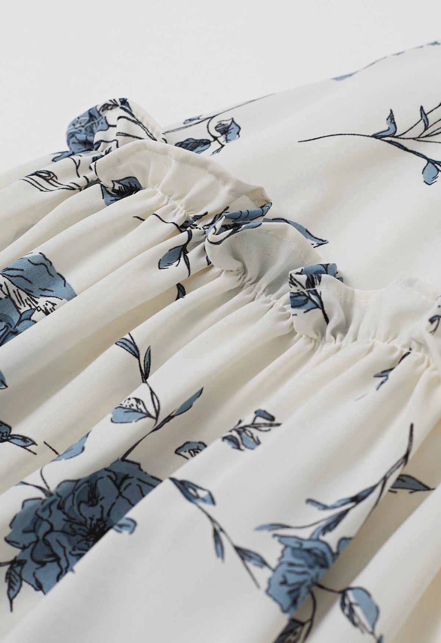 Floral Flourish V-Neck Puff Sleeve Dress in Ivory