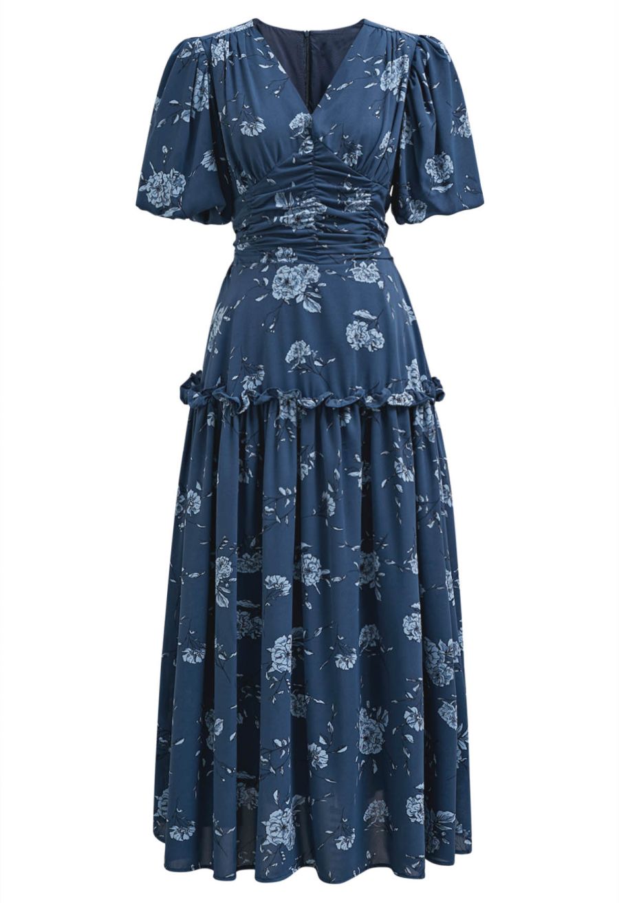 Floral Flourish V-Neck Puff Sleeve Dress in Navy