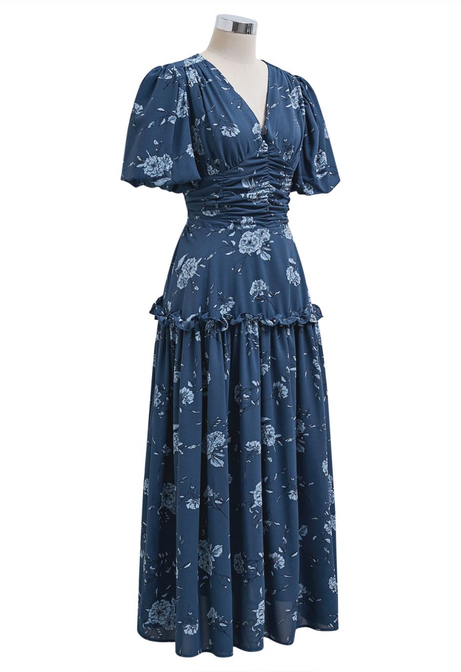 Floral Flourish V-Neck Puff Sleeve Dress in Navy