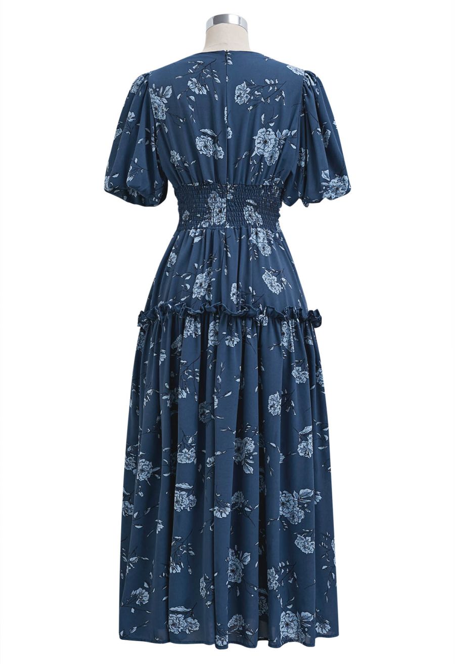 Floral Flourish V-Neck Puff Sleeve Dress in Navy
