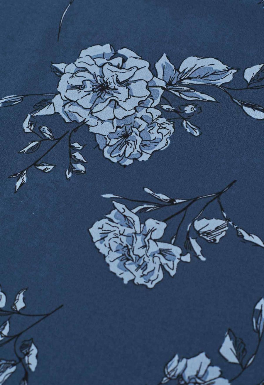 Floral Flourish V-Neck Puff Sleeve Dress in Navy
