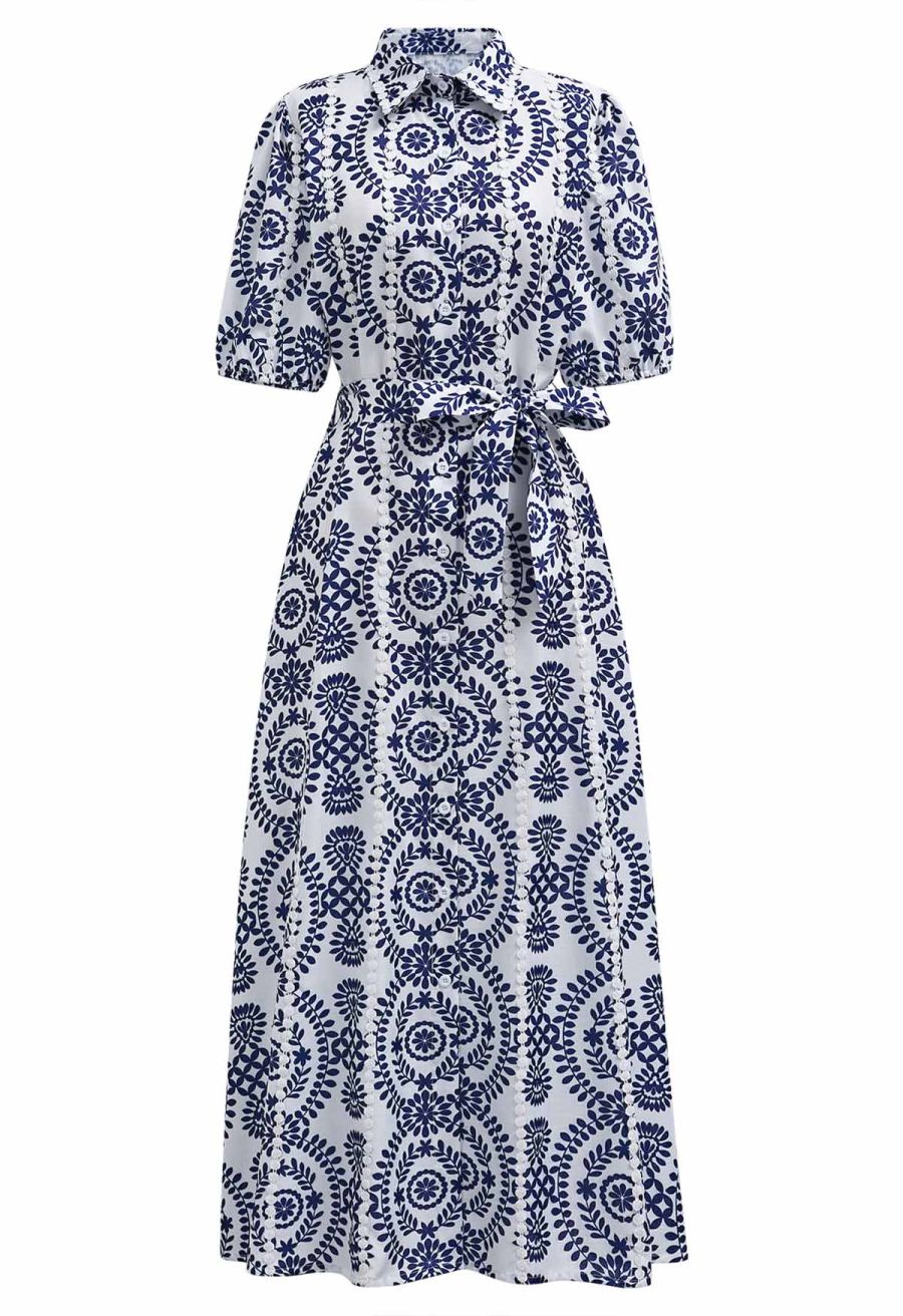 Floral Crochet Stripe Collared Tie-Sash Buttoned Maxi Dress