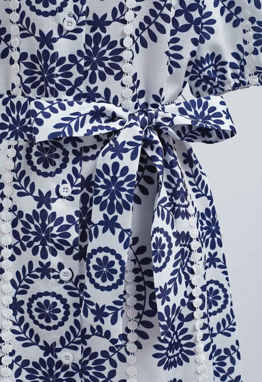 Floral Crochet Stripe Collared Tie-Sash Buttoned Maxi Dress