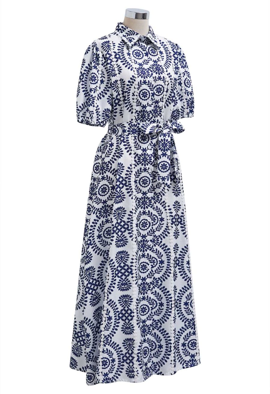 Floral Crochet Stripe Collared Tie-Sash Buttoned Maxi Dress