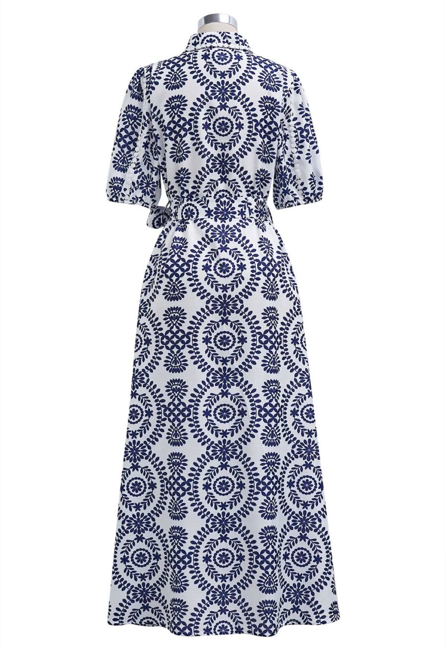 Floral Crochet Stripe Collared Tie-Sash Buttoned Maxi Dress