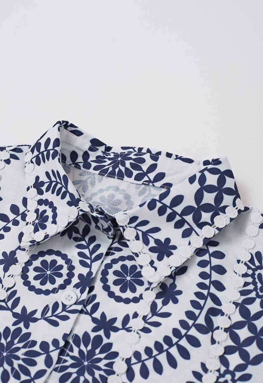 Floral Crochet Stripe Collared Tie-Sash Buttoned Maxi Dress