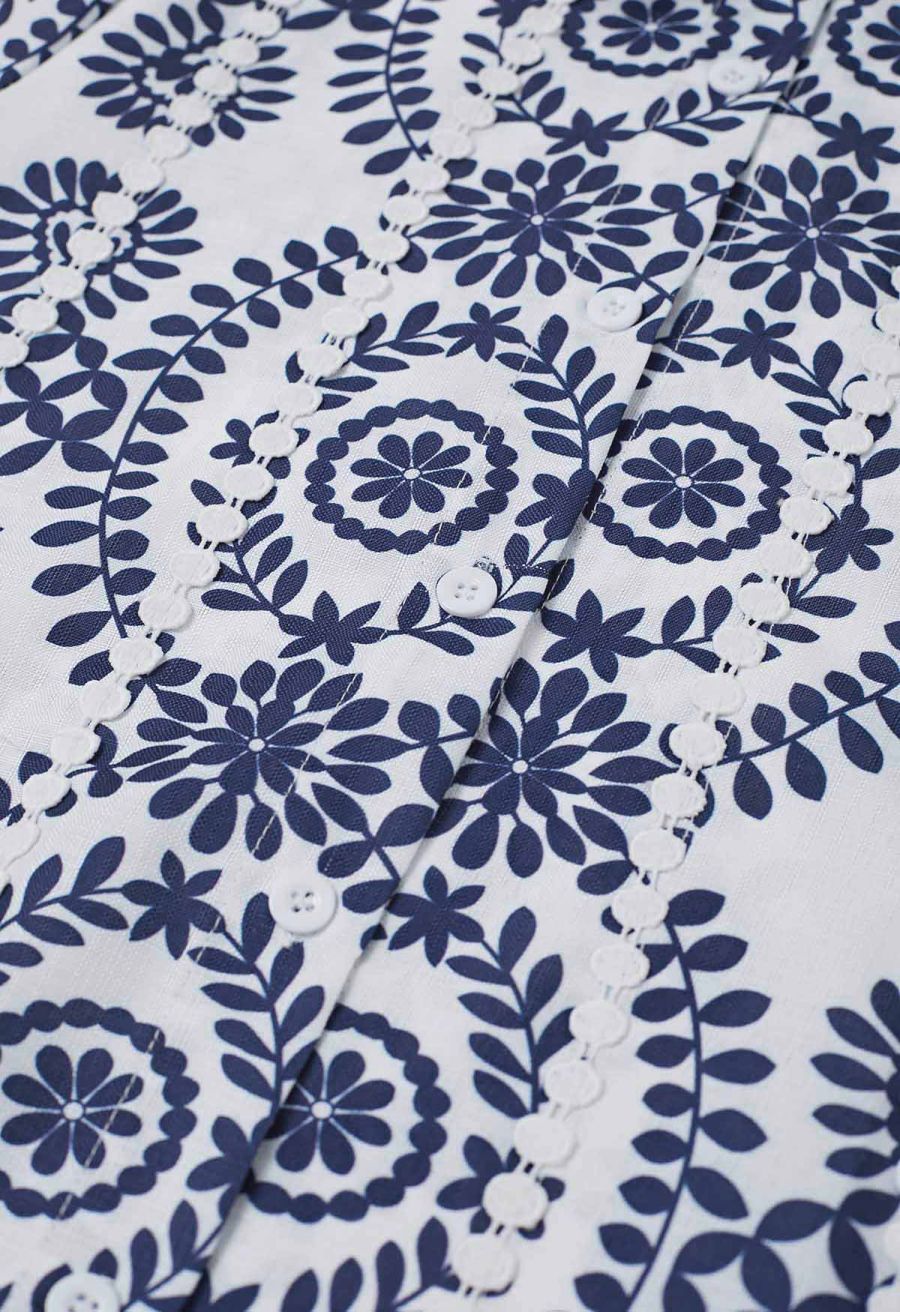 Floral Crochet Stripe Collared Tie-Sash Buttoned Maxi Dress