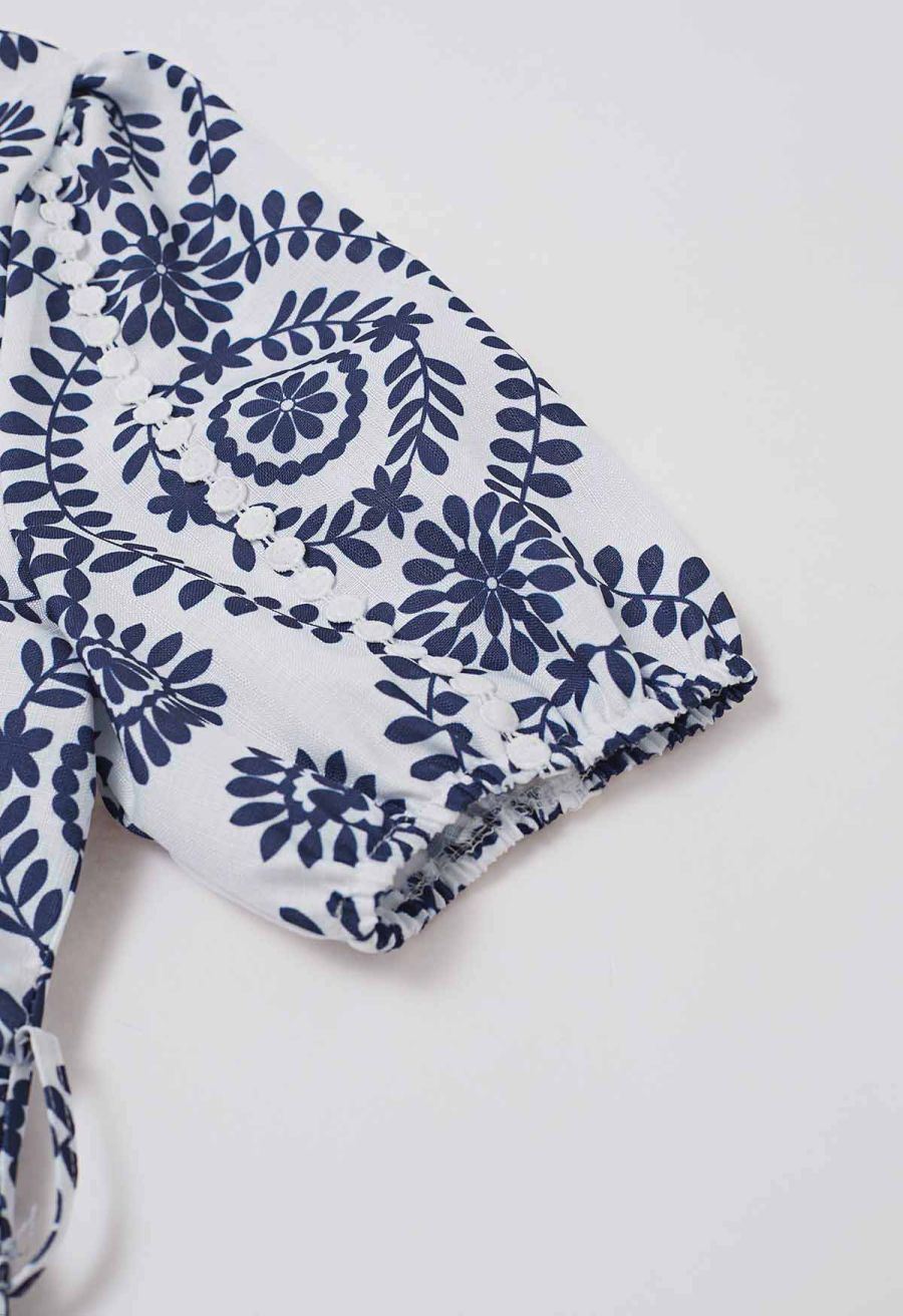 Floral Crochet Stripe Collared Tie-Sash Buttoned Maxi Dress