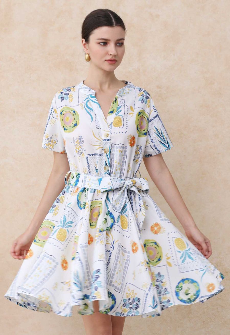 Fruit Paradise Printed V-Neck Flare Dress