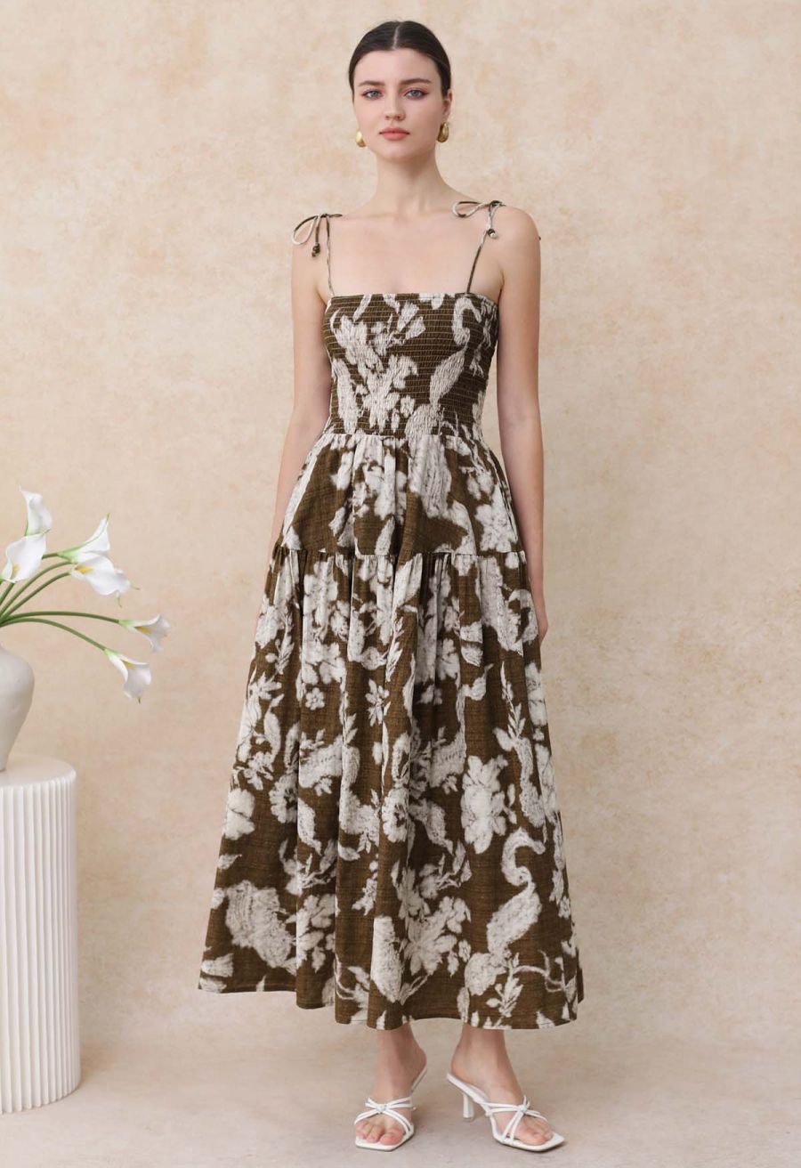 Blurry Floral Printed Shirred Cami Dress in Brown