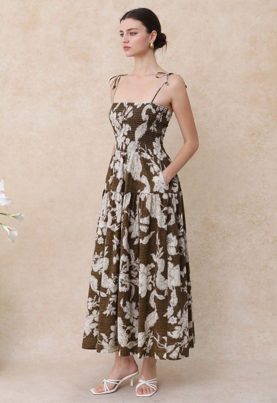 Blurry Floral Printed Shirred Cami Dress in Brown