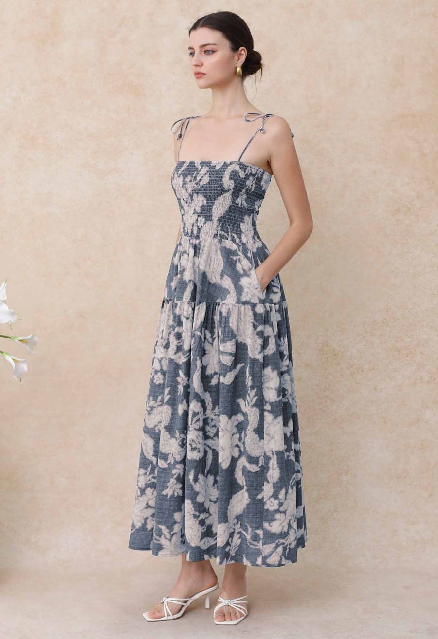 Blurry Floral Printed Shirred Cami Dress in Dusty Blue