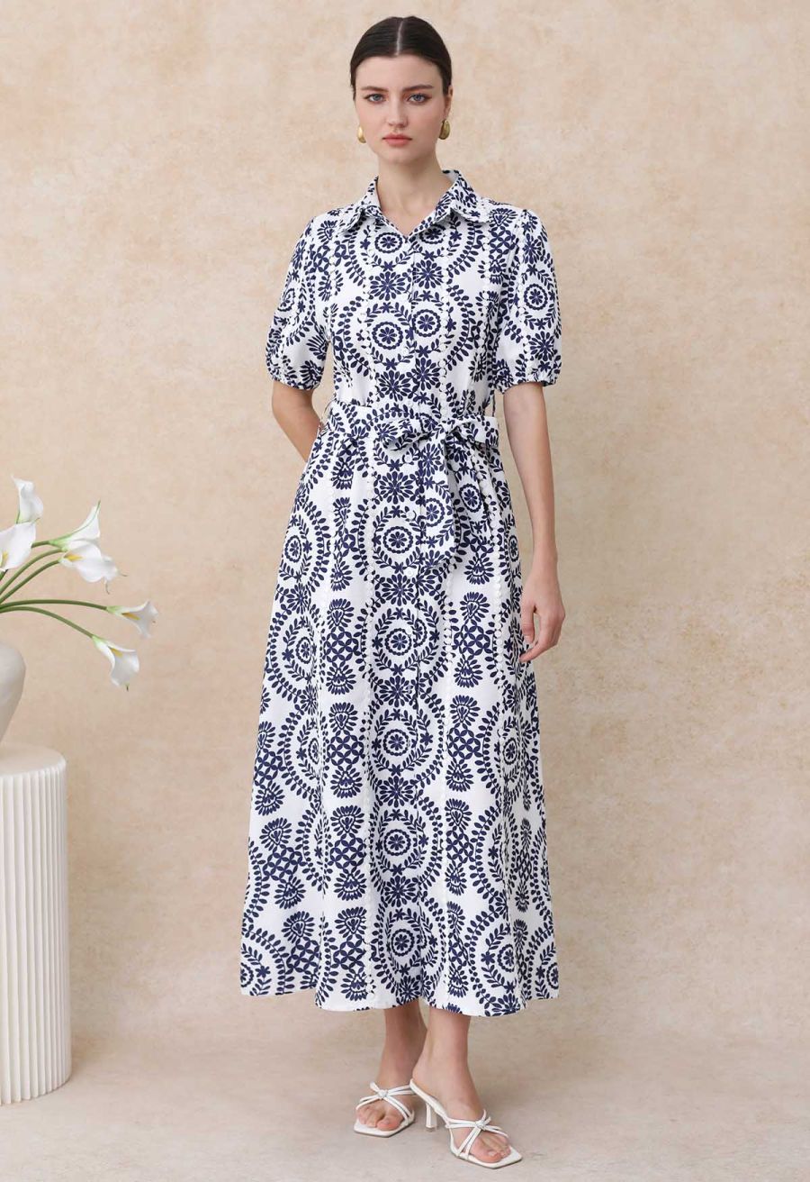 Floral Crochet Stripe Collared Tie-Sash Buttoned Maxi Dress