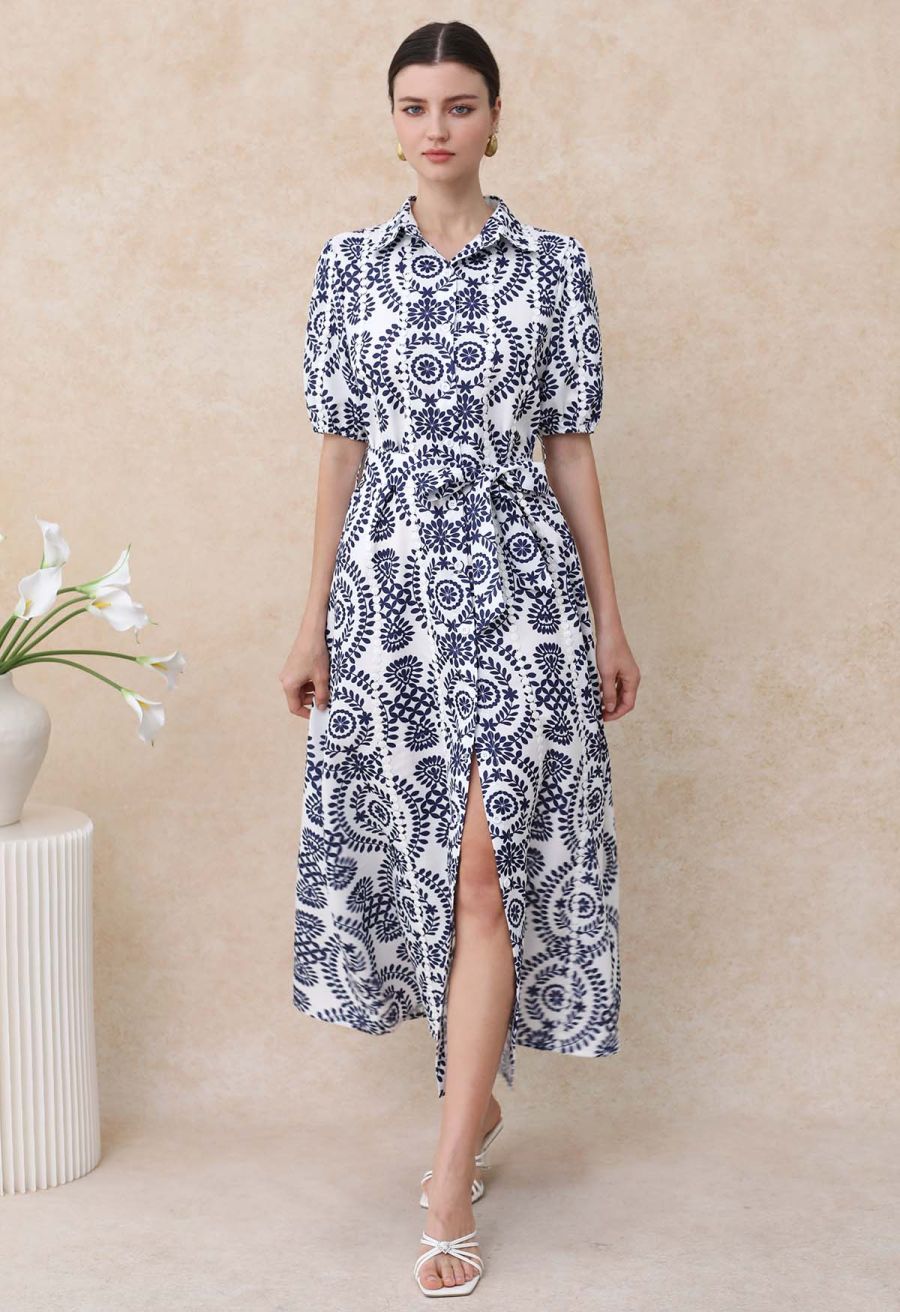 Floral Crochet Stripe Collared Tie-Sash Buttoned Maxi Dress