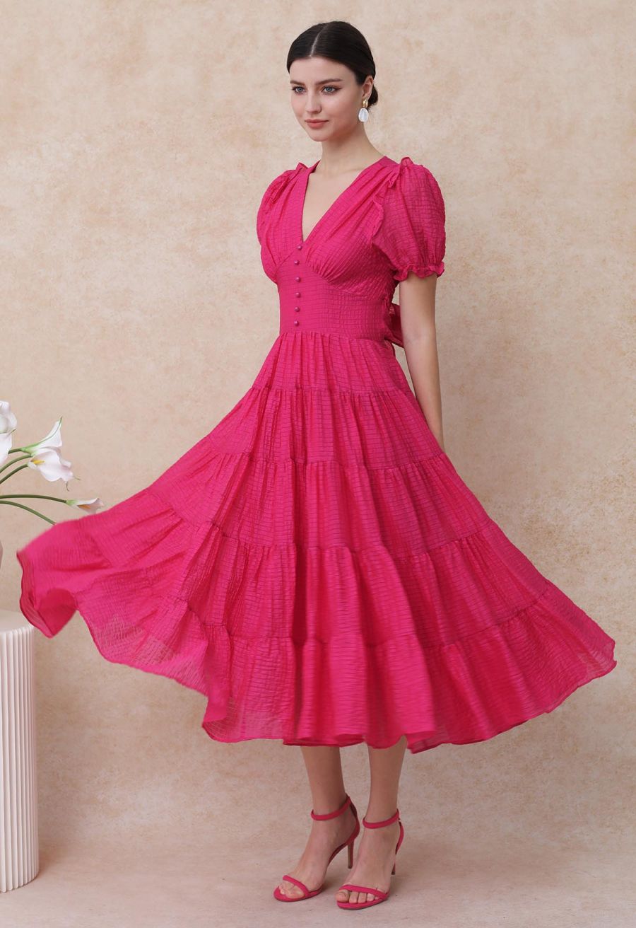 V-Neck Tie-Back Embossed Tiered Dress in Hot Pink