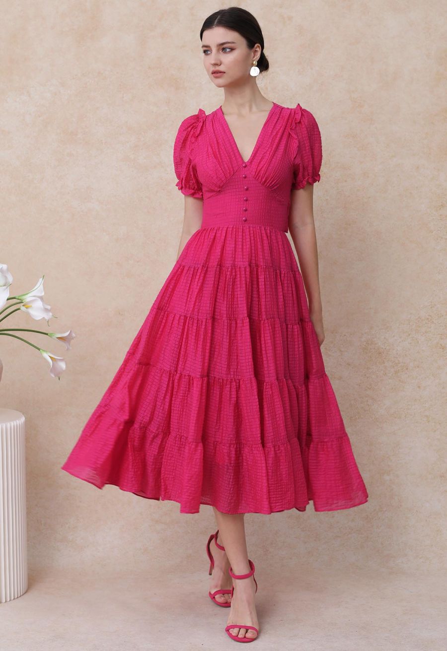 V-Neck Tie-Back Embossed Tiered Dress in Hot Pink