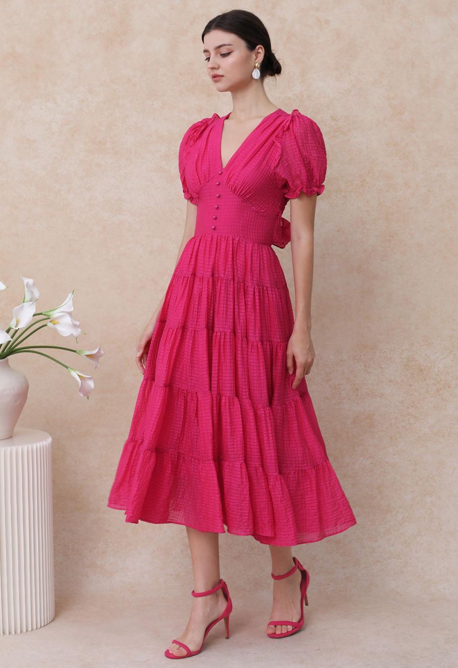 V-Neck Tie-Back Embossed Tiered Dress in Hot Pink
