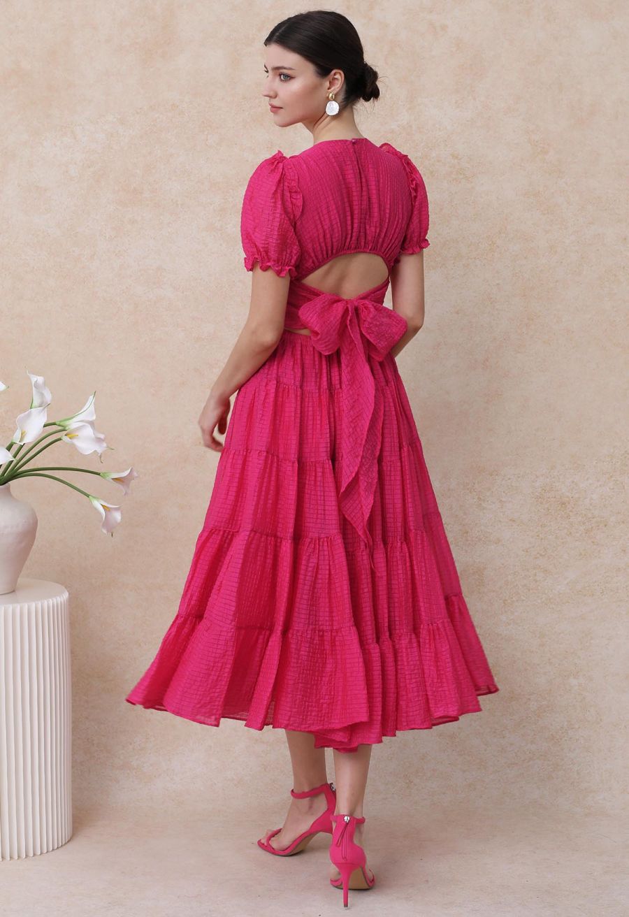 V-Neck Tie-Back Embossed Tiered Dress in Hot Pink