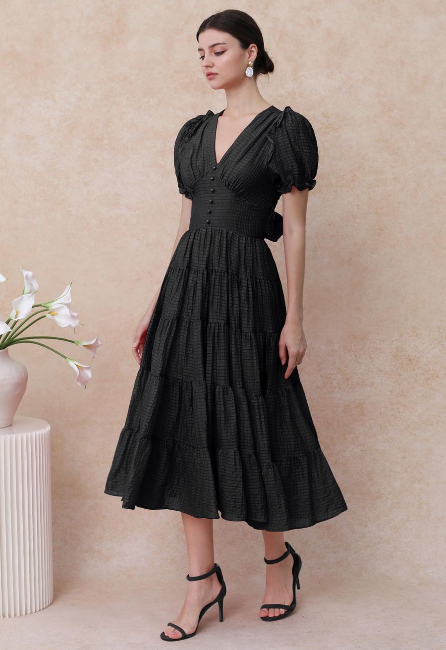 V-Neck Tie-Back Embossed Tiered Dress in Black