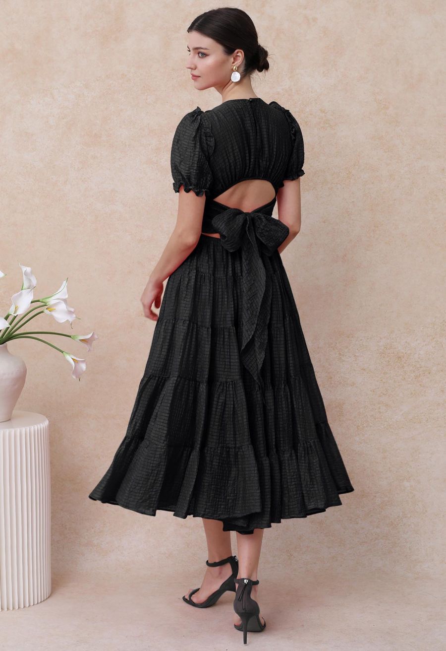 V-Neck Tie-Back Embossed Tiered Dress in Black