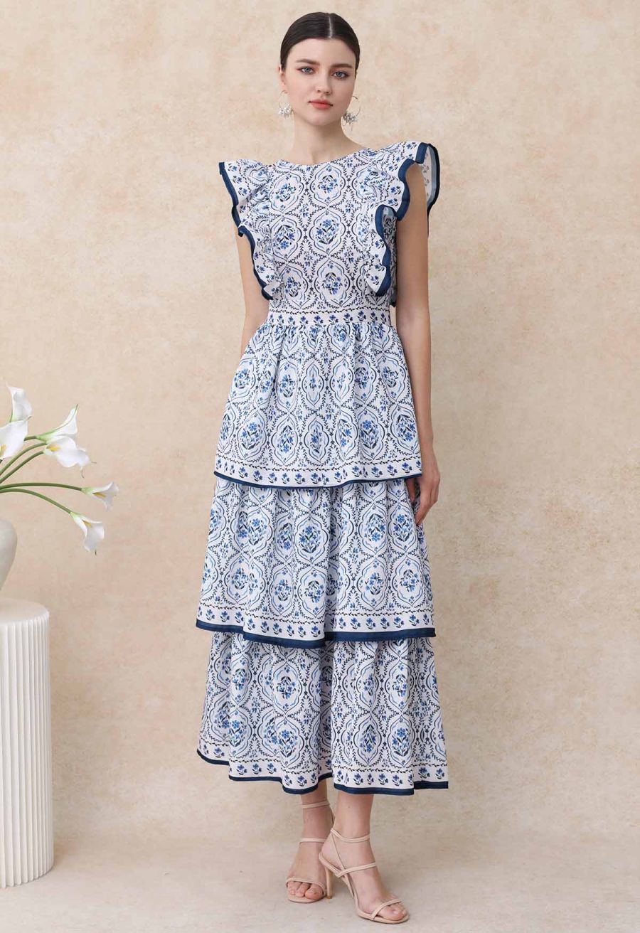 Open Back Ruffle Floret Tile Printed Sleeveless Dress