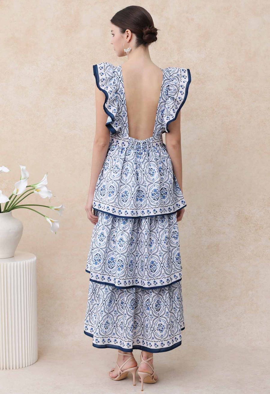 Open Back Ruffle Floret Tile Printed Sleeveless Dress